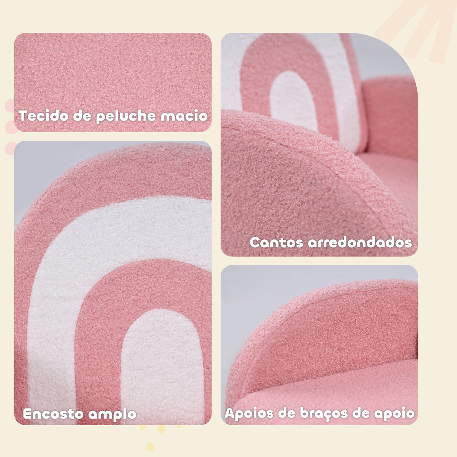 Poltrona para crianças com encosto em forma de arco-íris sofá para crianças tecido suave em borrego 45x41x52 cm rosa