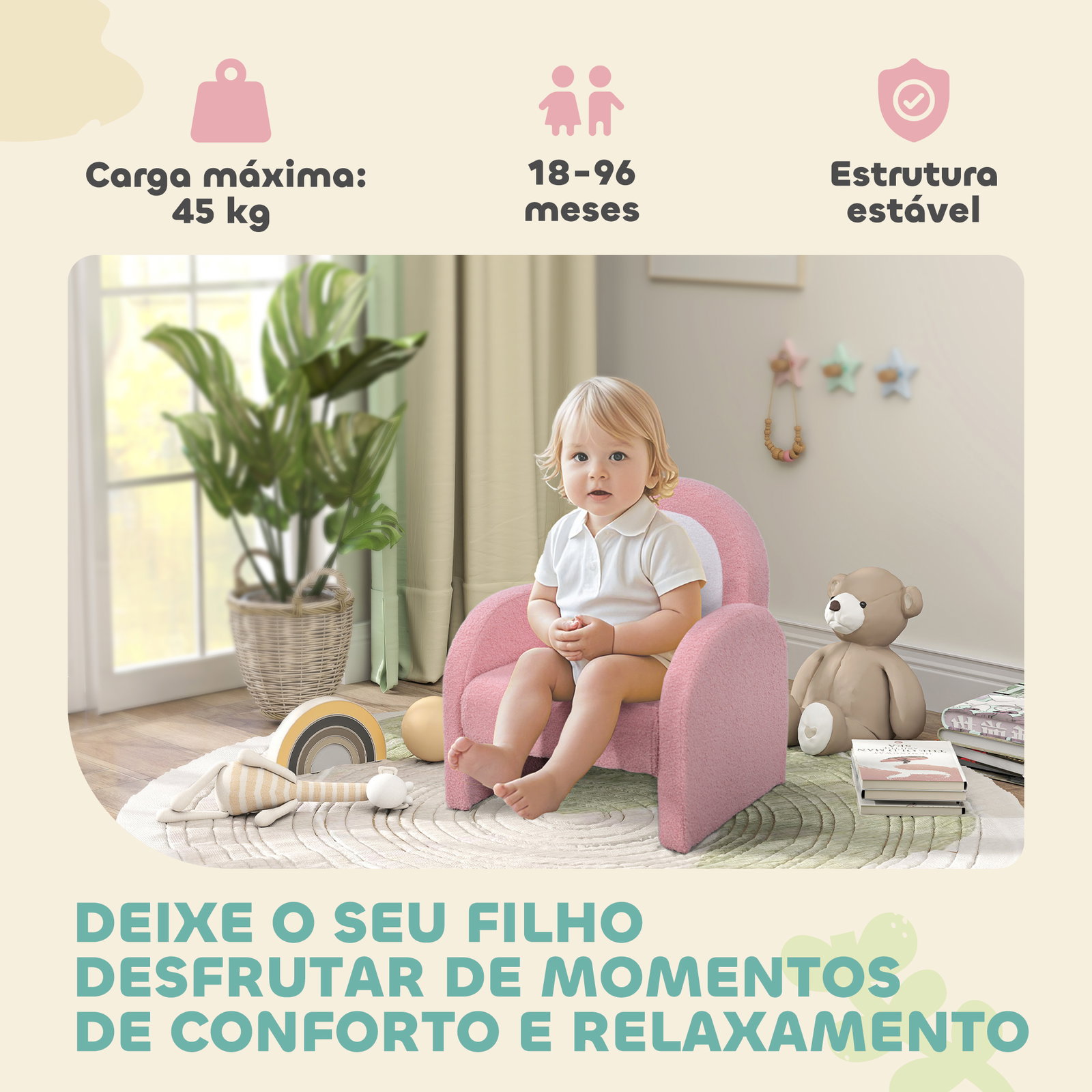 Poltrona para crianças com encosto em forma de arco-íris sofá para crianças tecido suave em borrego 45x41x52 cm rosa
