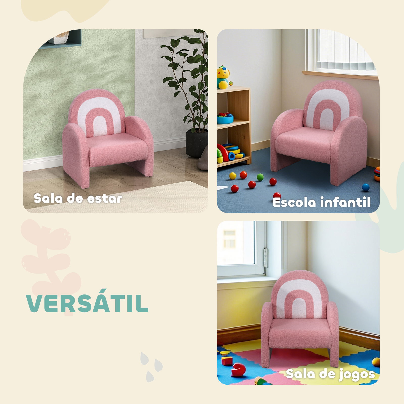 Poltrona para crianças com encosto em forma de arco-íris sofá para crianças tecido suave em borrego 45x41x52 cm rosa
