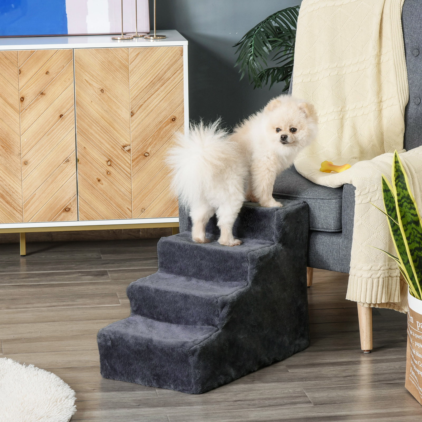 Escada para animais de estimação com 4 degraus capa removível e lavável escada para cães gatos 60x35x44 cm cinza escuro