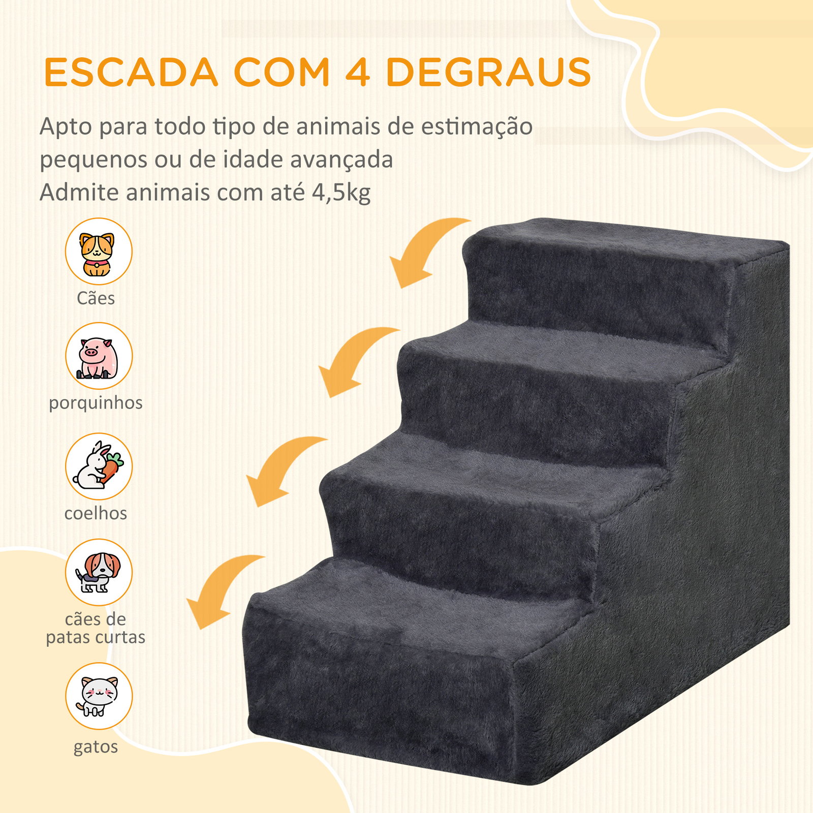 Escada para animais de estimação com 4 degraus capa removível e lavável escada para cães gatos 60x35x44 cm cinza escuro
