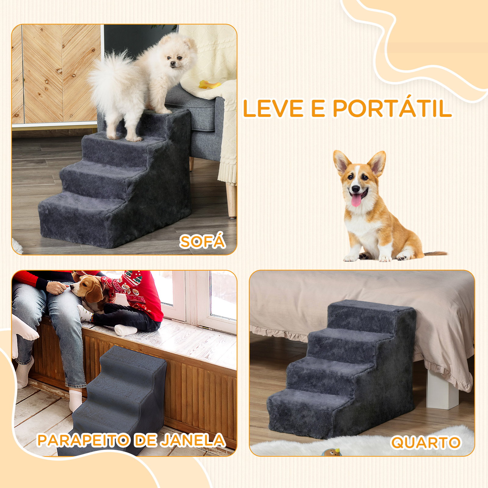 Escada para animais de estimação com 4 degraus capa removível e lavável escada para cães gatos 60x35x44 cm cinza escuro