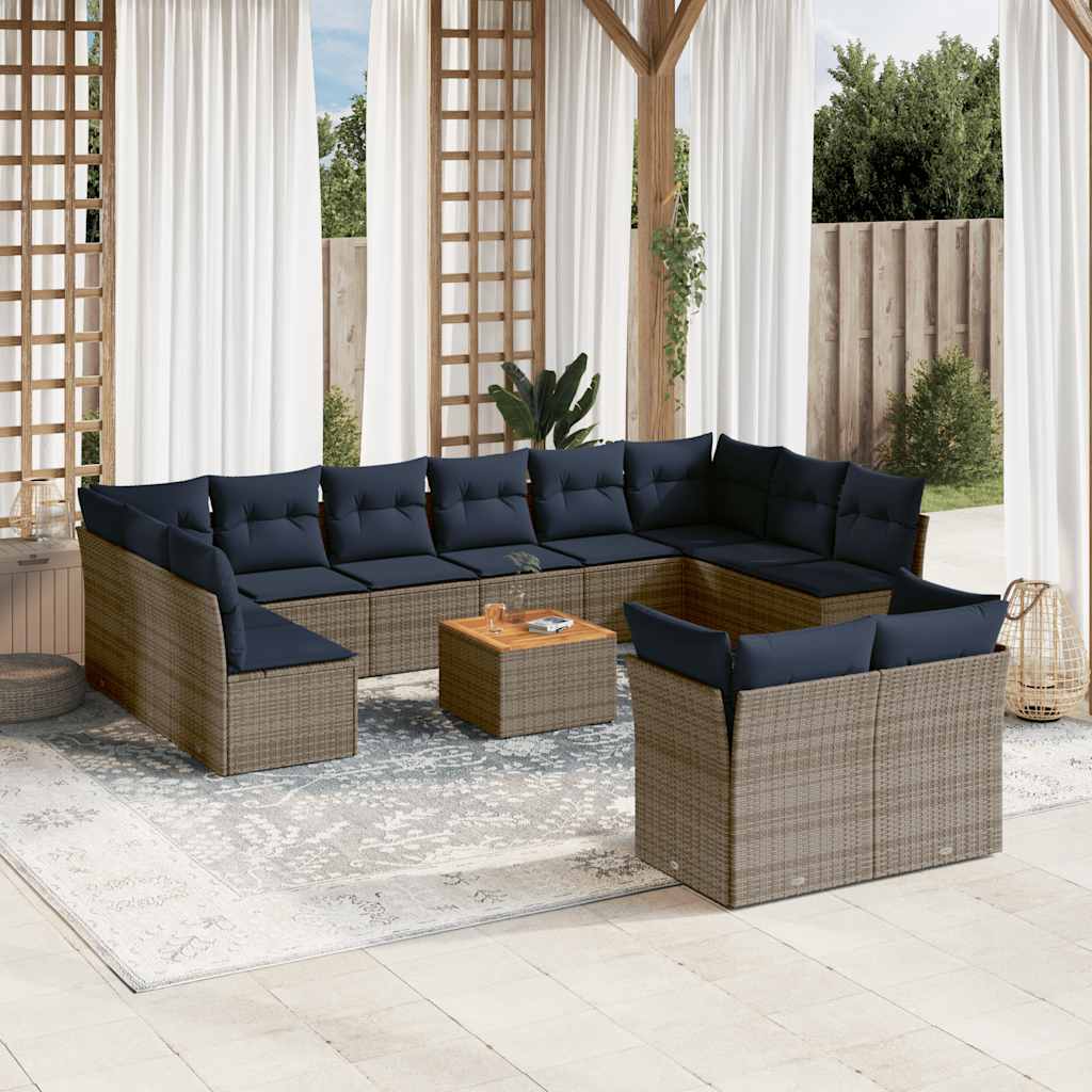 13 Pcs conjunto sofás p/ jardim c/ almofadões vime PE cinzento