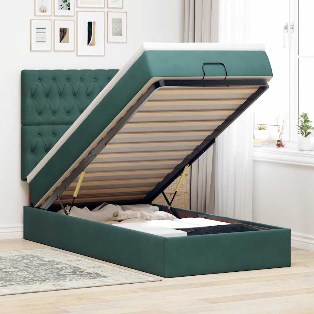Estrutura cama otomana colchões 90x190cm veludo verde escuro