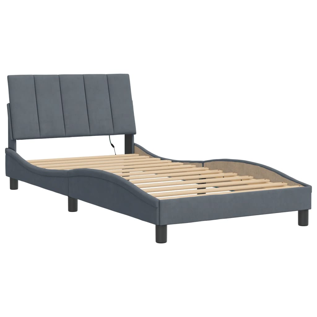 Estrutura de cama com LED sem colchão hanko 100x200cm veludo cinzento-escuro