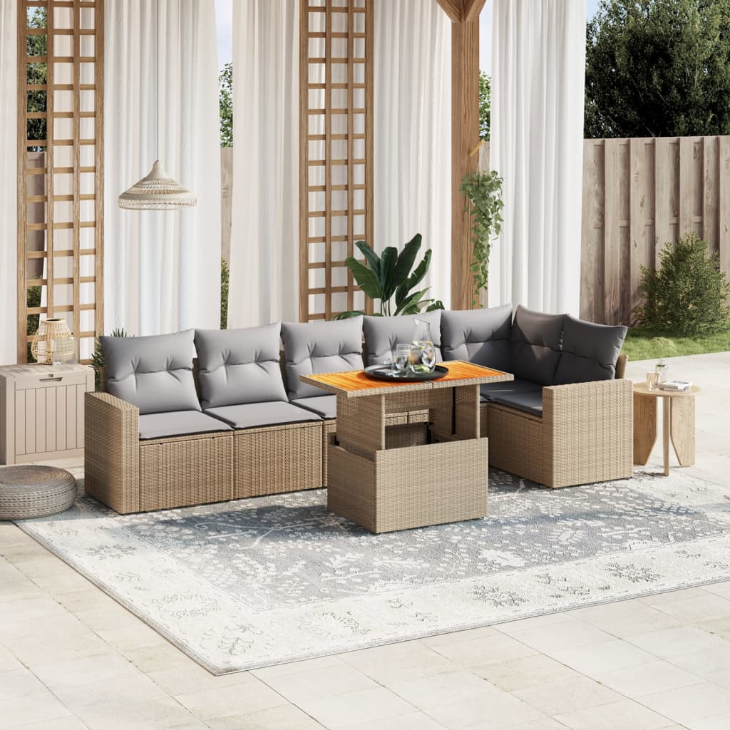 7 Pcs conjunto de sofás p/ jardim com almofadões vime PE bege
