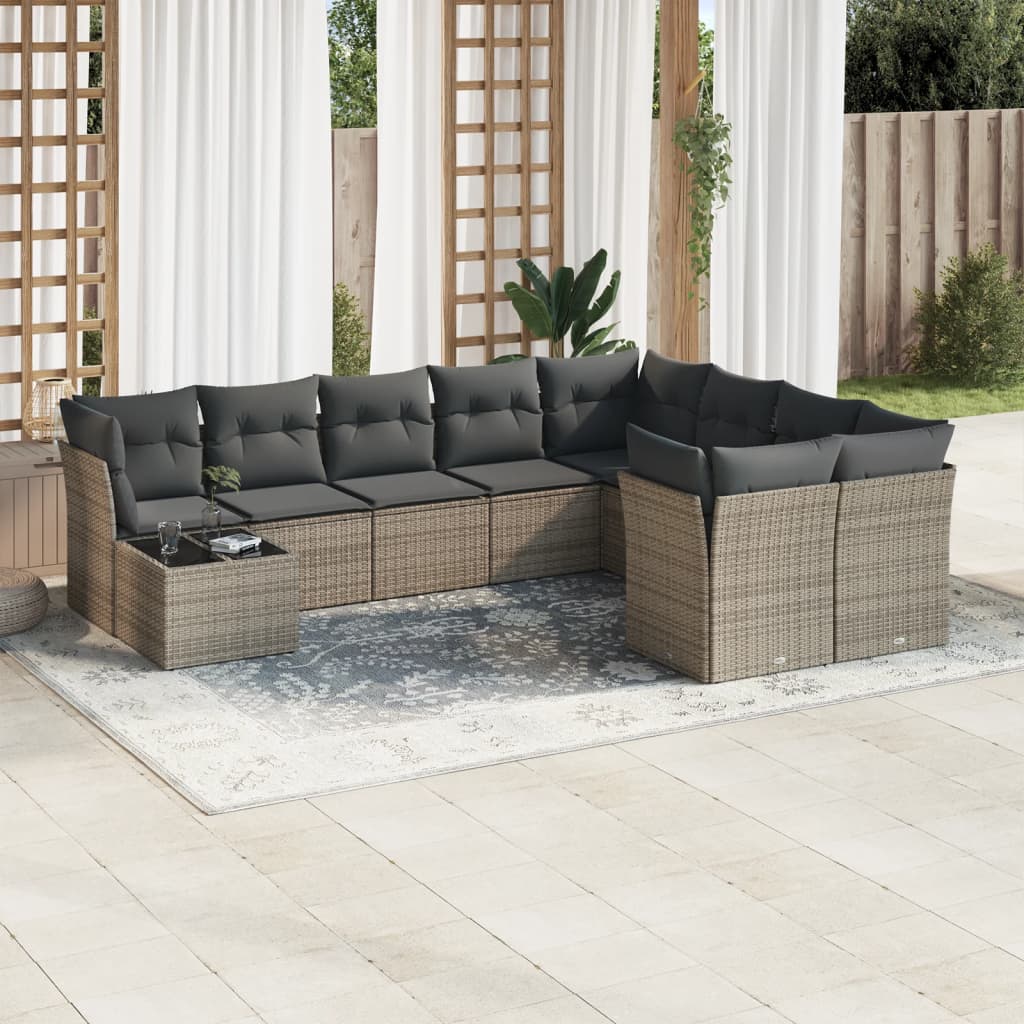 10 Pcs conjunto sofás de jardim c/ almofadões vime PE cinzento