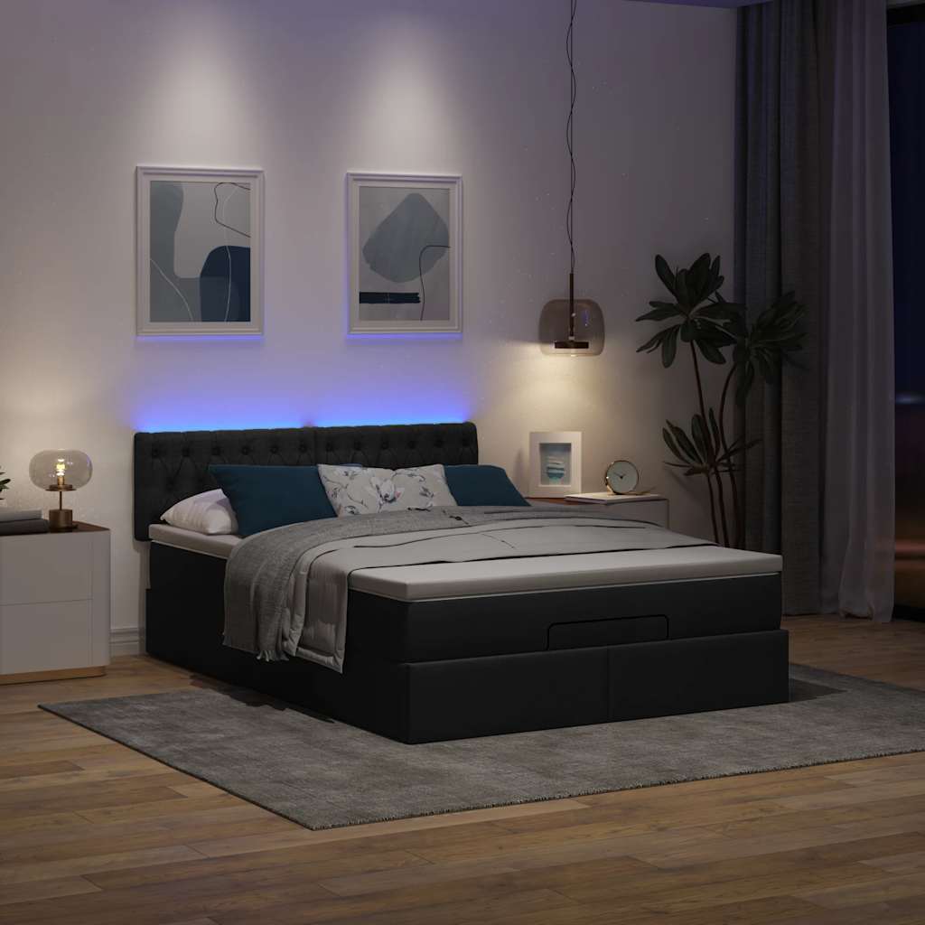 Cama otomana com colchão & leds preto 140x190cm tecido