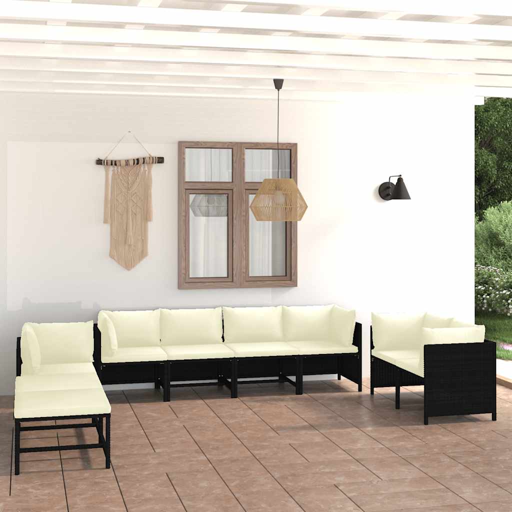 10 Pcs conjunto lounge de jardim c/ almofadões vime PE preto