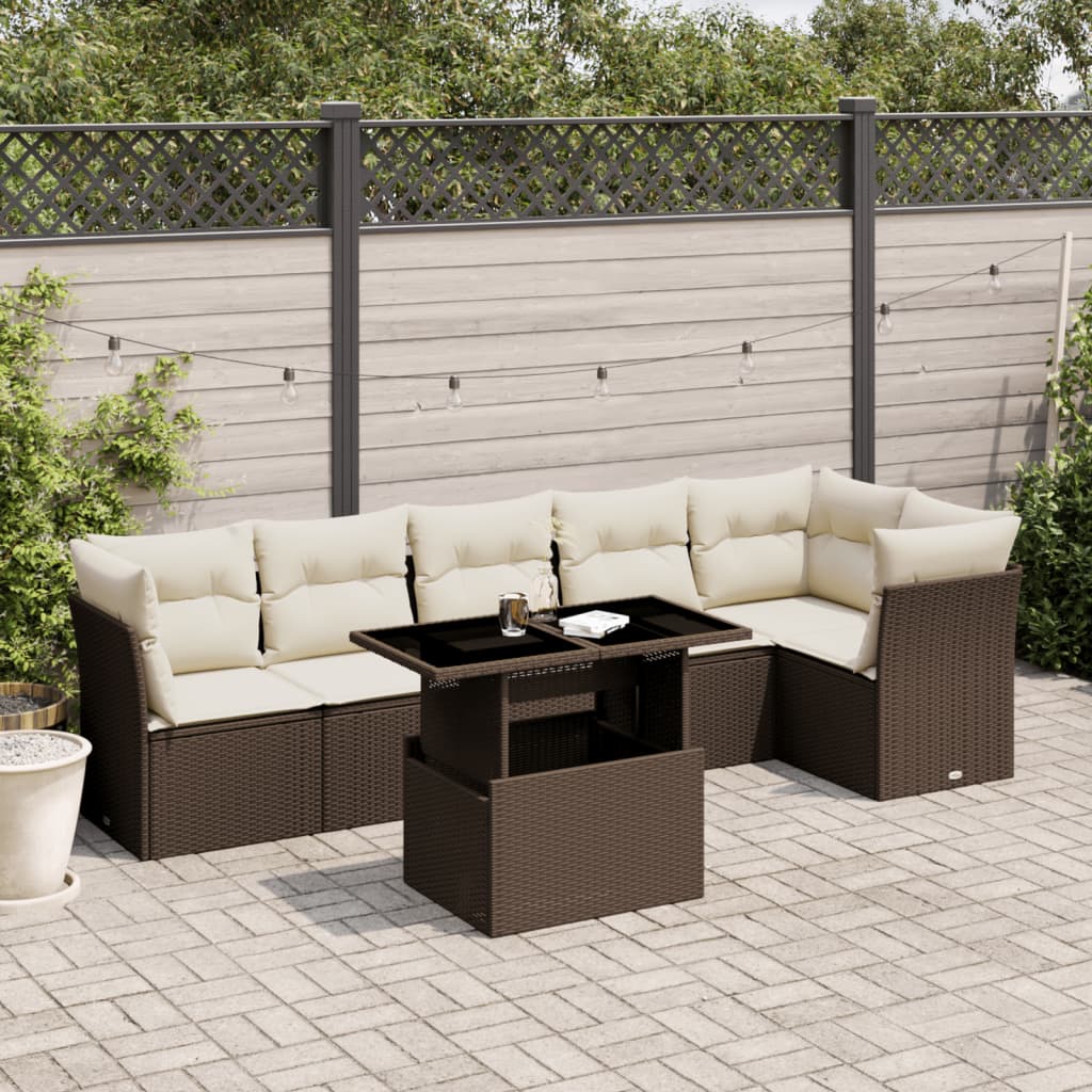 7 Pcs conjunto de sofás jardim c/ almofadões vime PE castanho