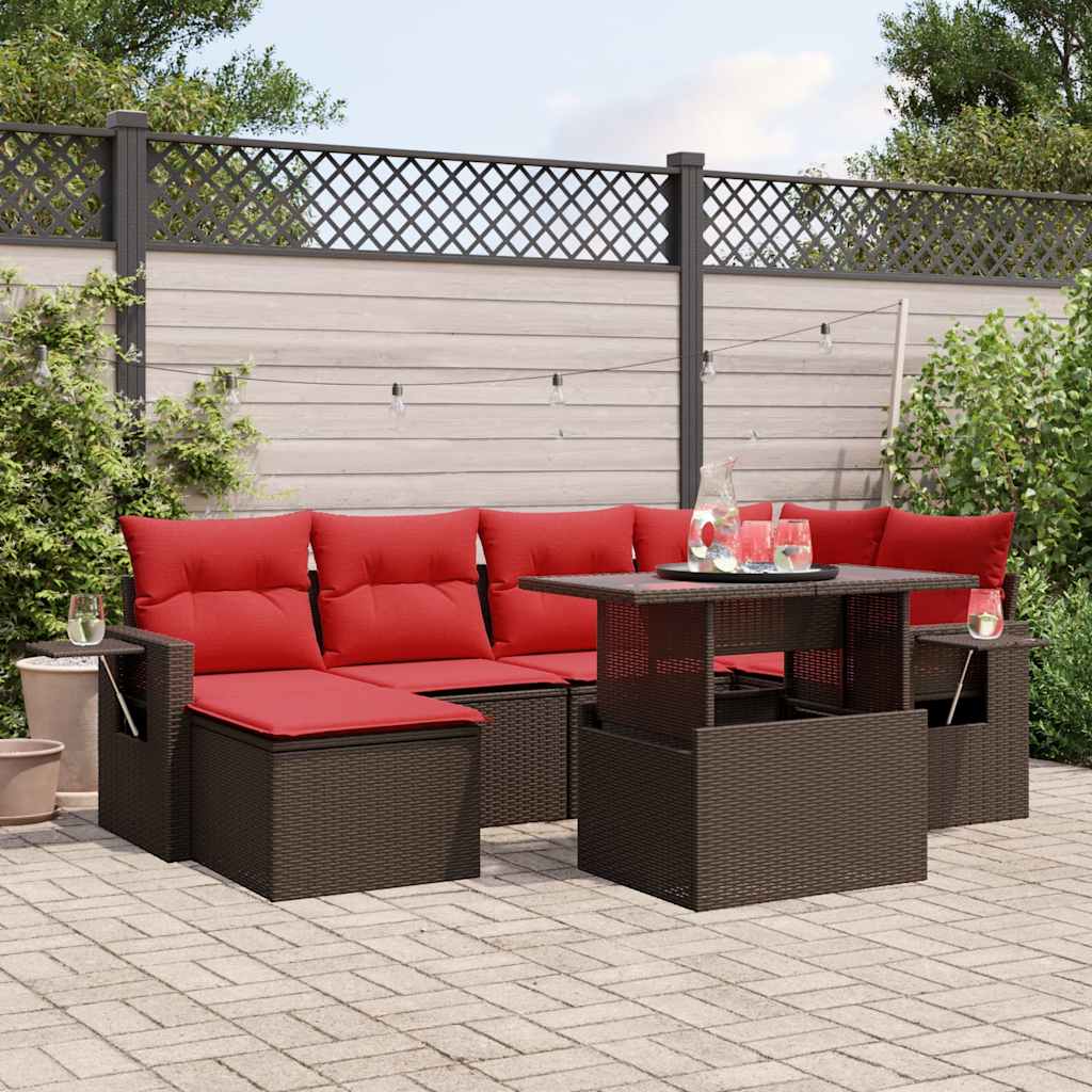 Conjunto de sofá de jardim com 7 peças e almofadas em rattan sintético marrom