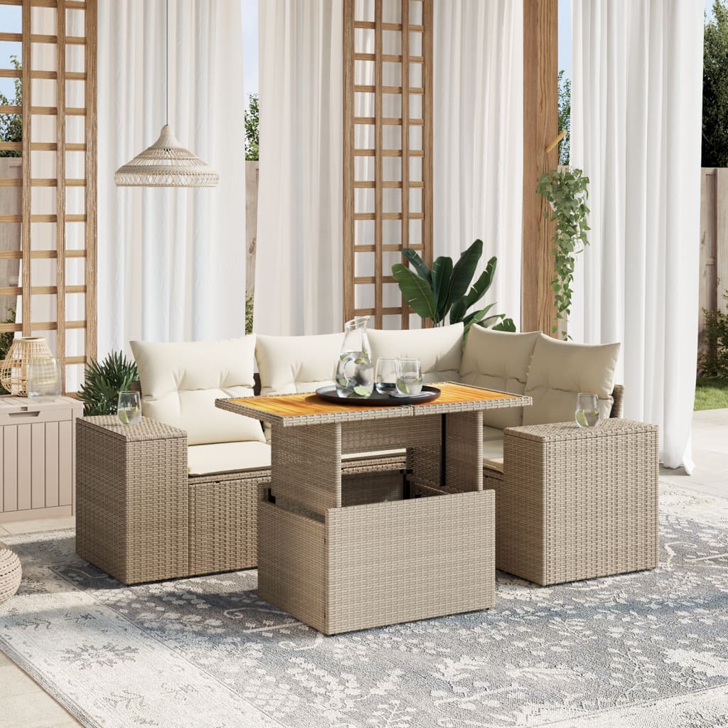 5 Pcs conjunto de sofás p/ jardim com almofadões vime PE bege