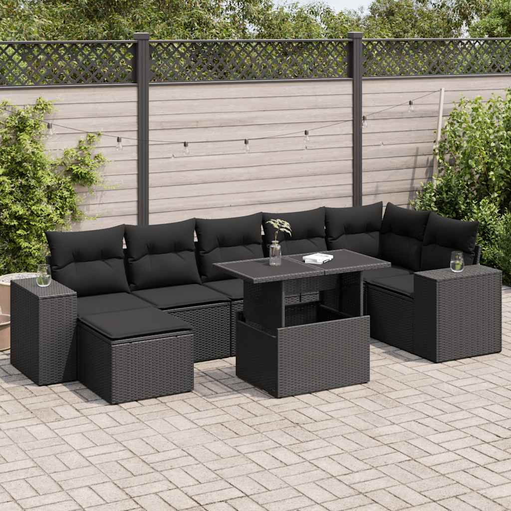 8 Pcs conjunto sofás de jardim com almofadões vime PE preto