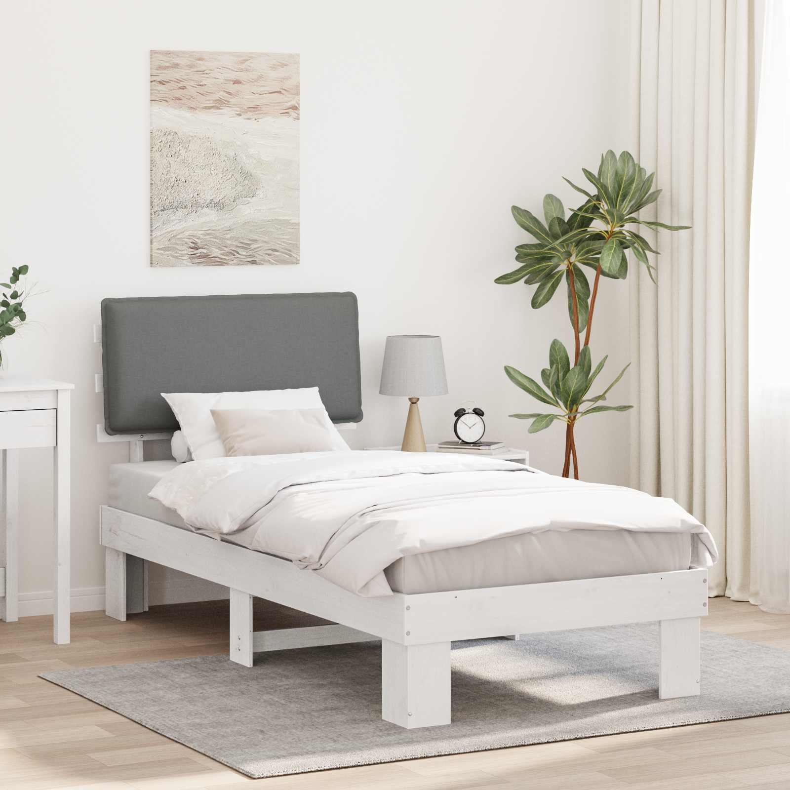 Estrutura de cama com cabeceira estofada cinzento-claro