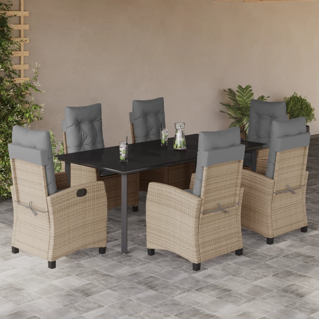 7 Pcs conj. jantar jardim c/ almofadões vime PE bege misturado