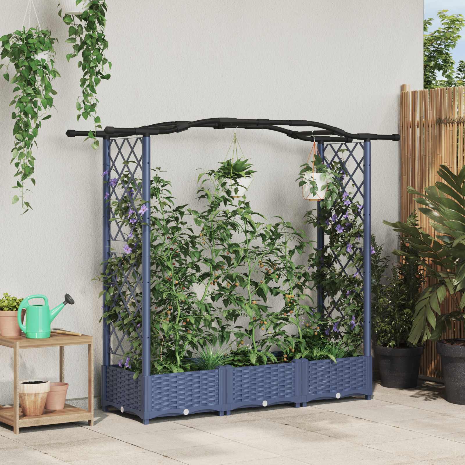 Cama elevada com treliça e telhado cinzento 169 x 40 x 123 cm