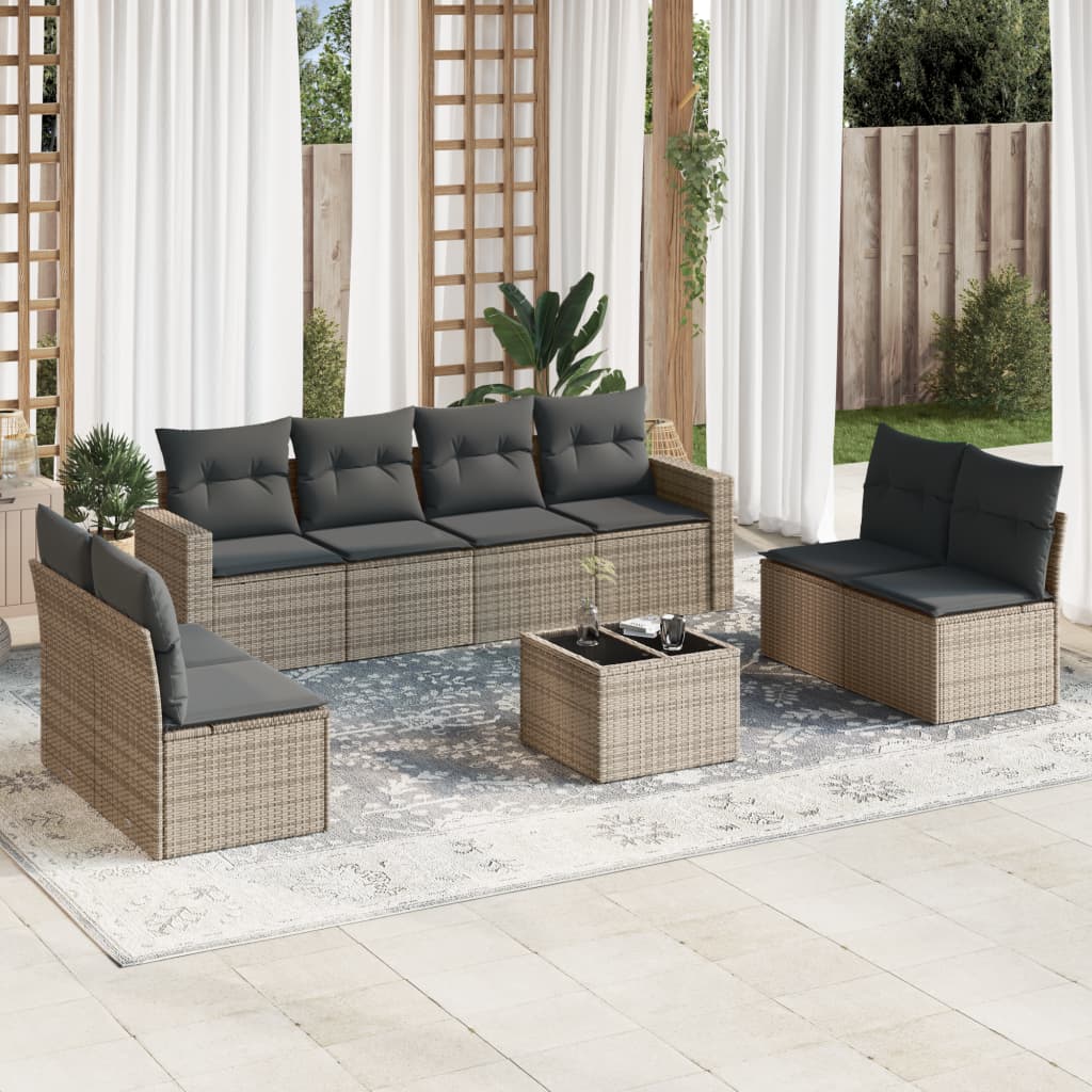 9 Pcs conjunto sofás p/ jardim com almofadões vime PE cinzento