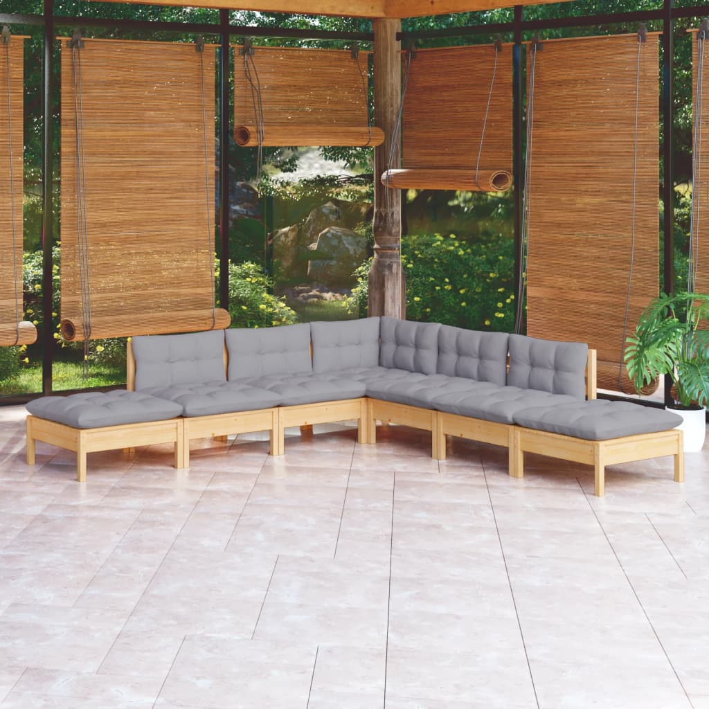 7 Pcs conjunto lounge de jardim c/ almofadões cinza pinho