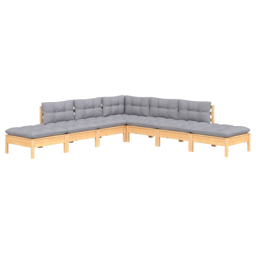 7 Pcs conjunto lounge de jardim c/ almofadões cinza pinho