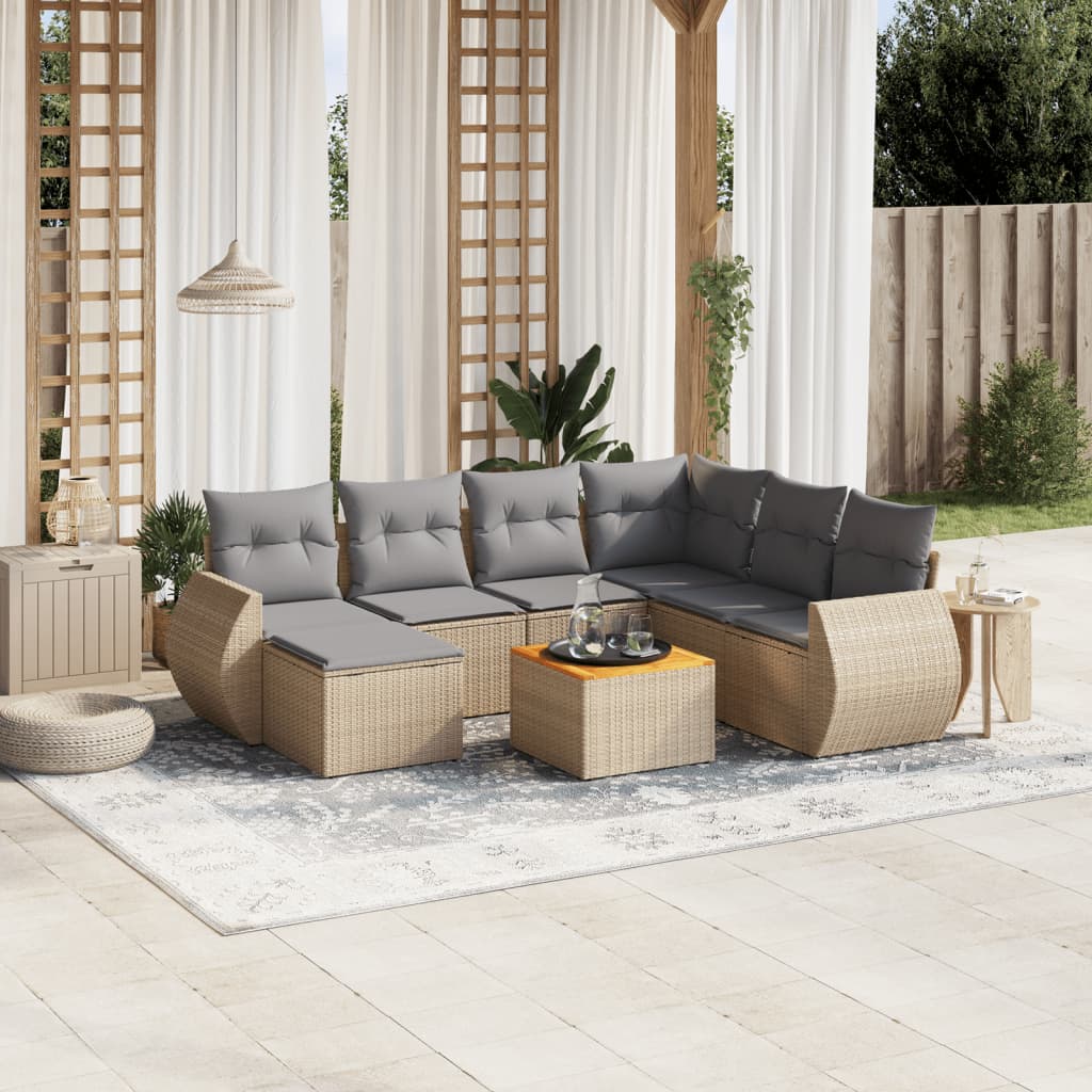 8 Pcs conjunto de sofás p/ jardim com almofadões vime PE bege