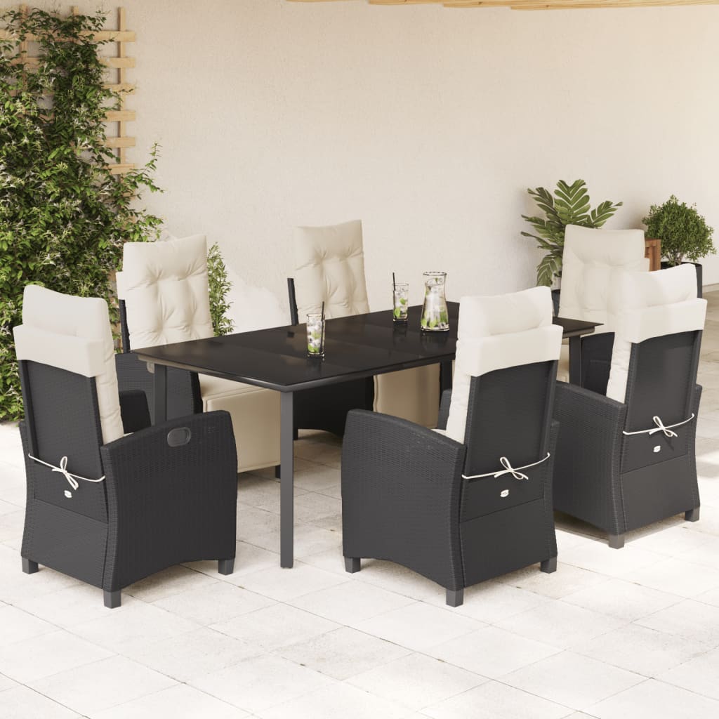 7 Pcs conjunto de jantar p/ jardim c/ almofadões vime PE preto