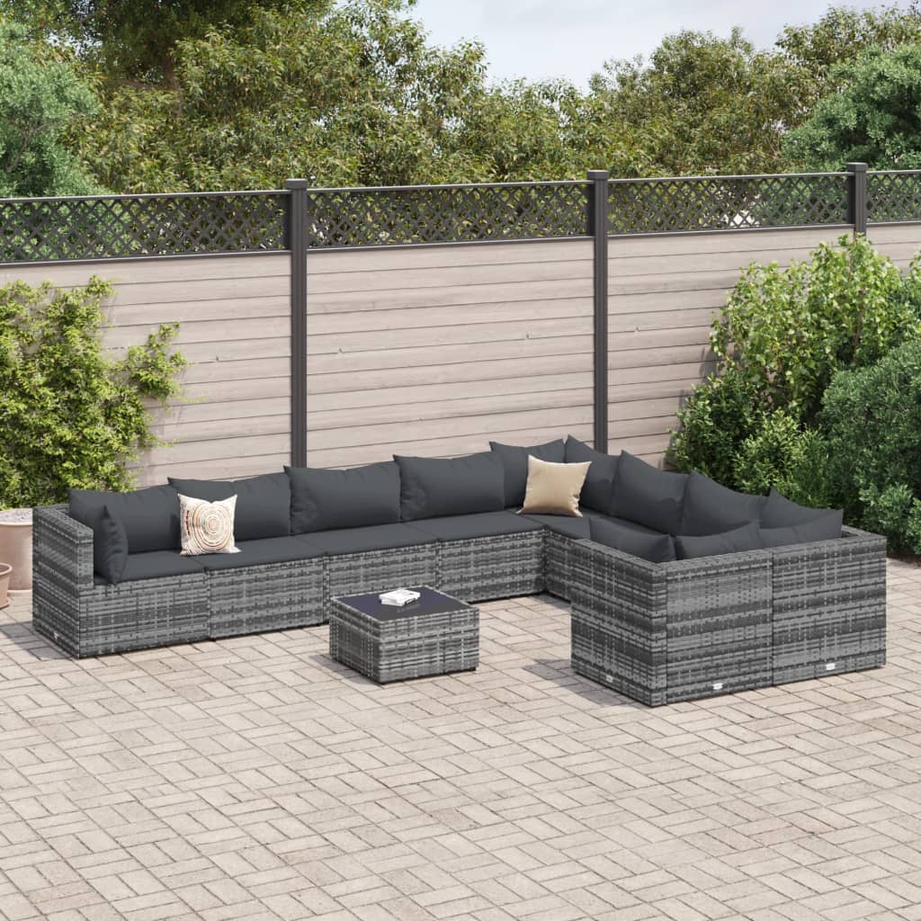 10 Pcs conjunto sofás de jardim c/ almofadões vime PE cinzento