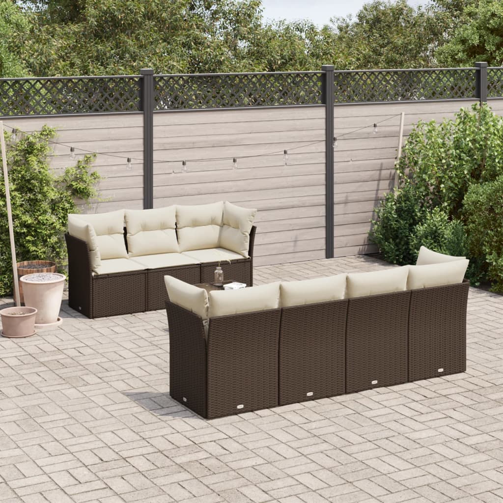 8 Pcs conjunto sofás de jardim c/ almofadões vime PE castanho