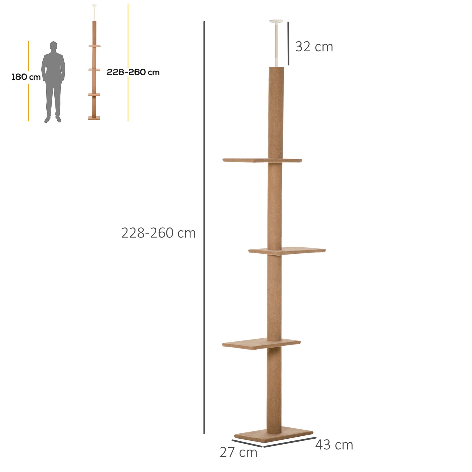 Arranhador para Gatos de Chão ao Teto Ajustável com 4 Plataformas e Poste 43x27x228-260 cm Castanho Claro