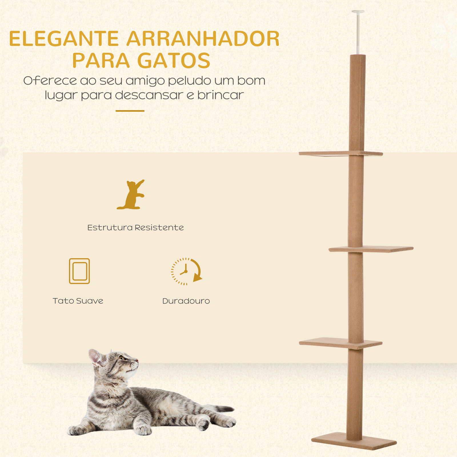 Arranhador para Gatos de Chão ao Teto Ajustável com 4 Plataformas e Poste 43x27x228-260 cm Castanho Claro