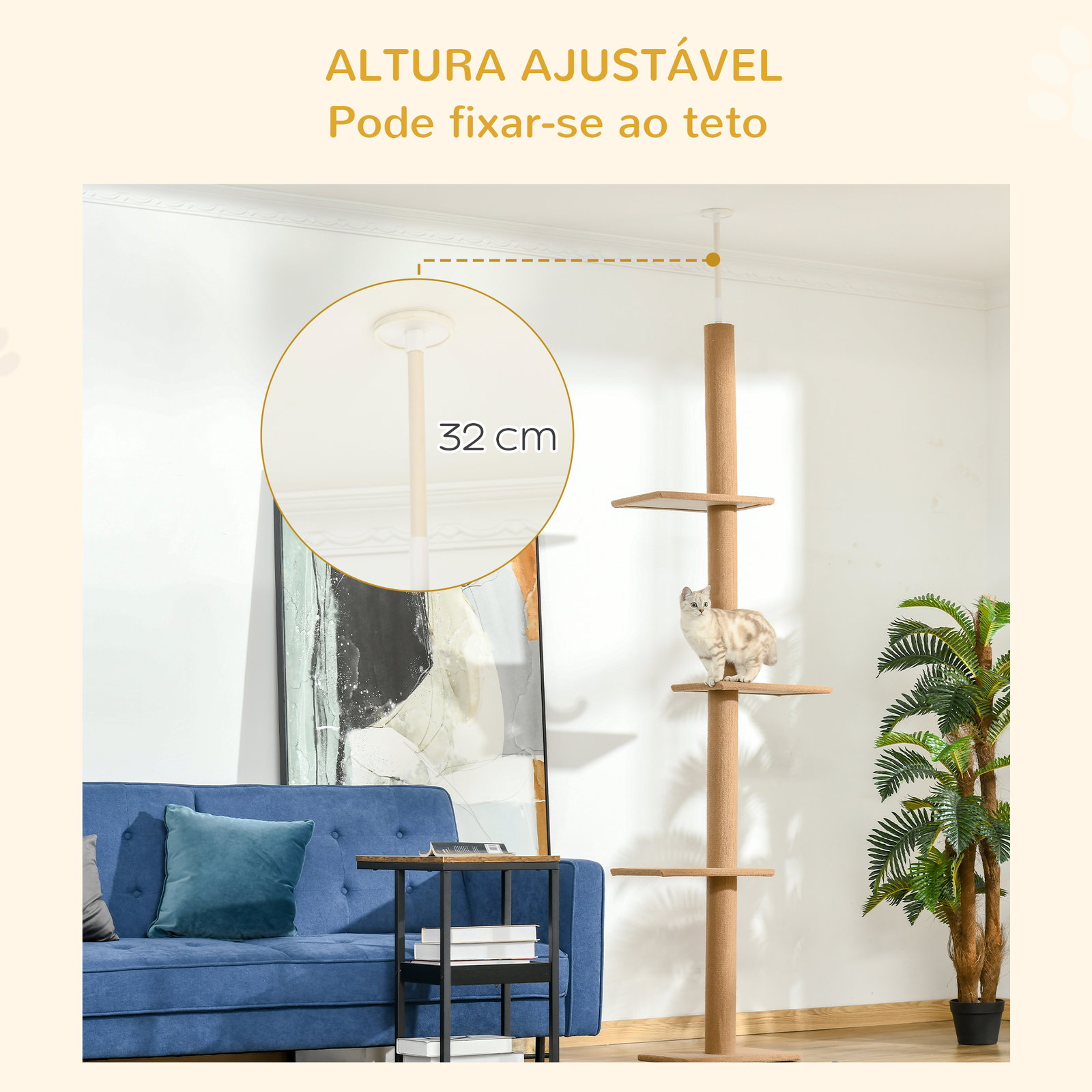 Arranhador para Gatos de Chão ao Teto Ajustável com 4 Plataformas e Poste 43x27x228-260 cm Castanho Claro