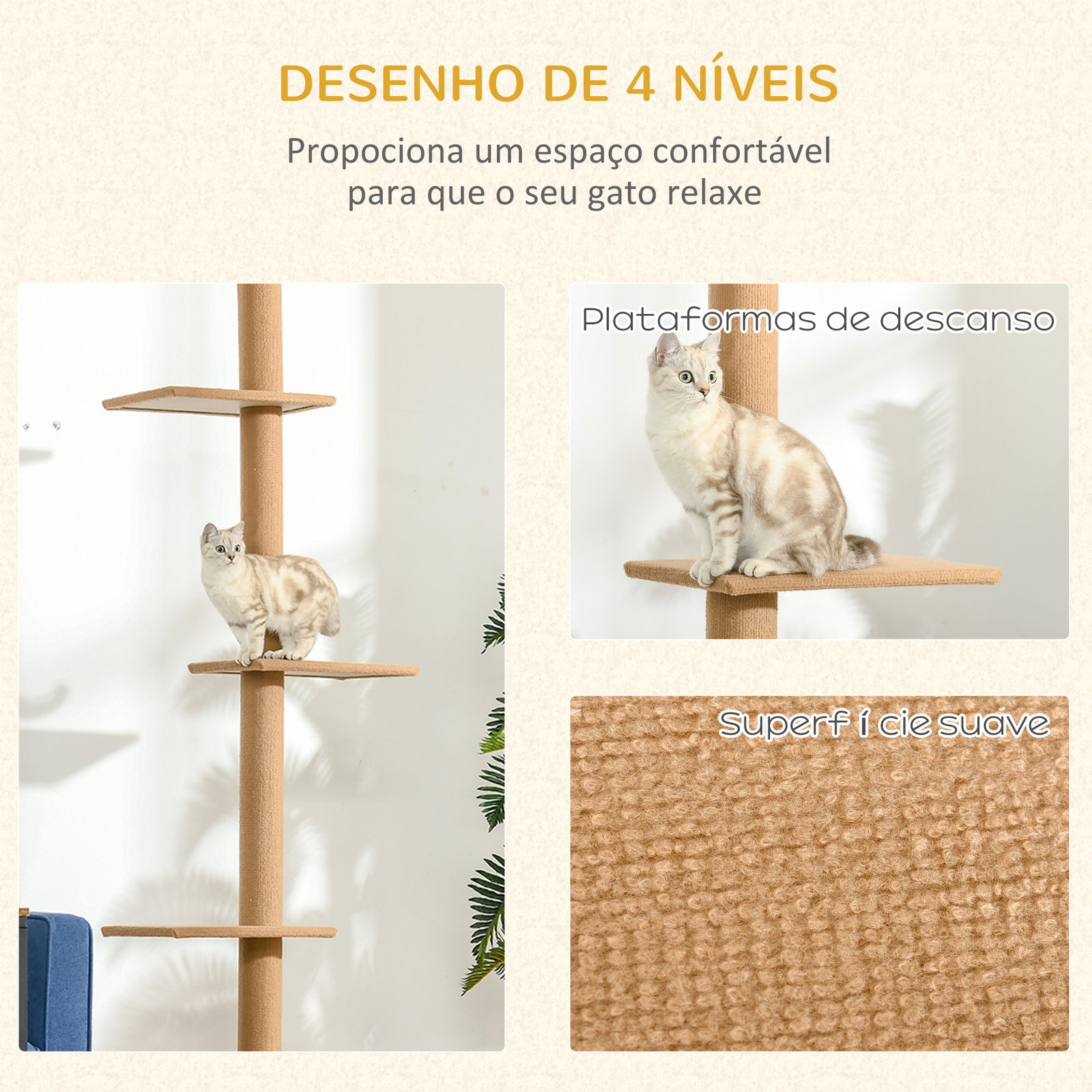 Arranhador para Gatos de Chão ao Teto Ajustável com 4 Plataformas e Poste 43x27x228-260 cm Castanho Claro