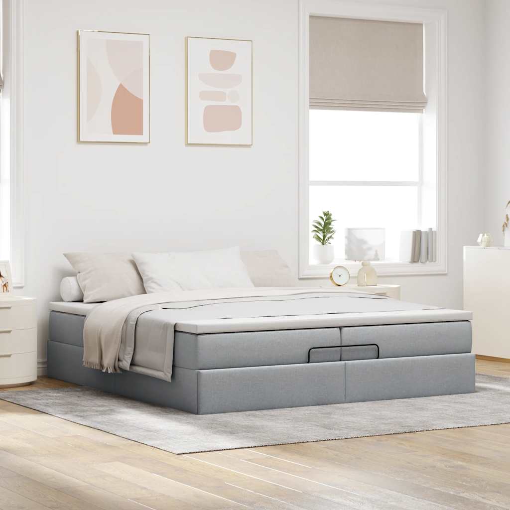 Estrutura de cama otomana com colchões tecido cinzento claro