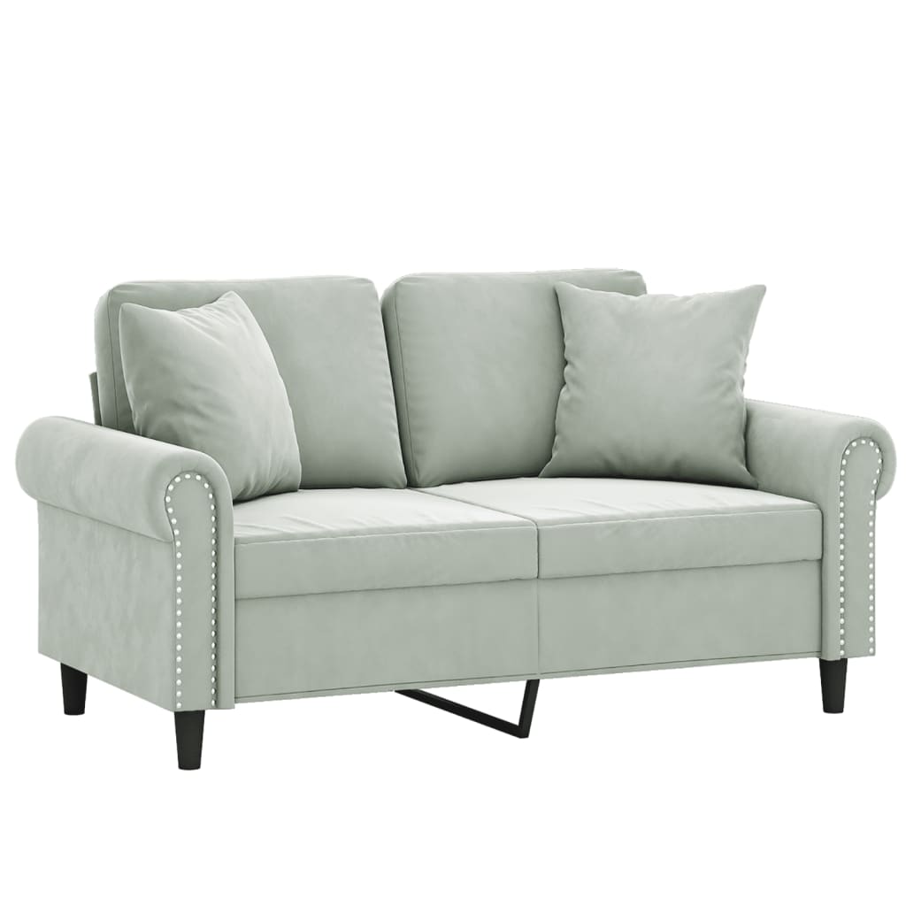 Sofá 2 lugares + almofadas decorativas 120cm veludo cinza-claro