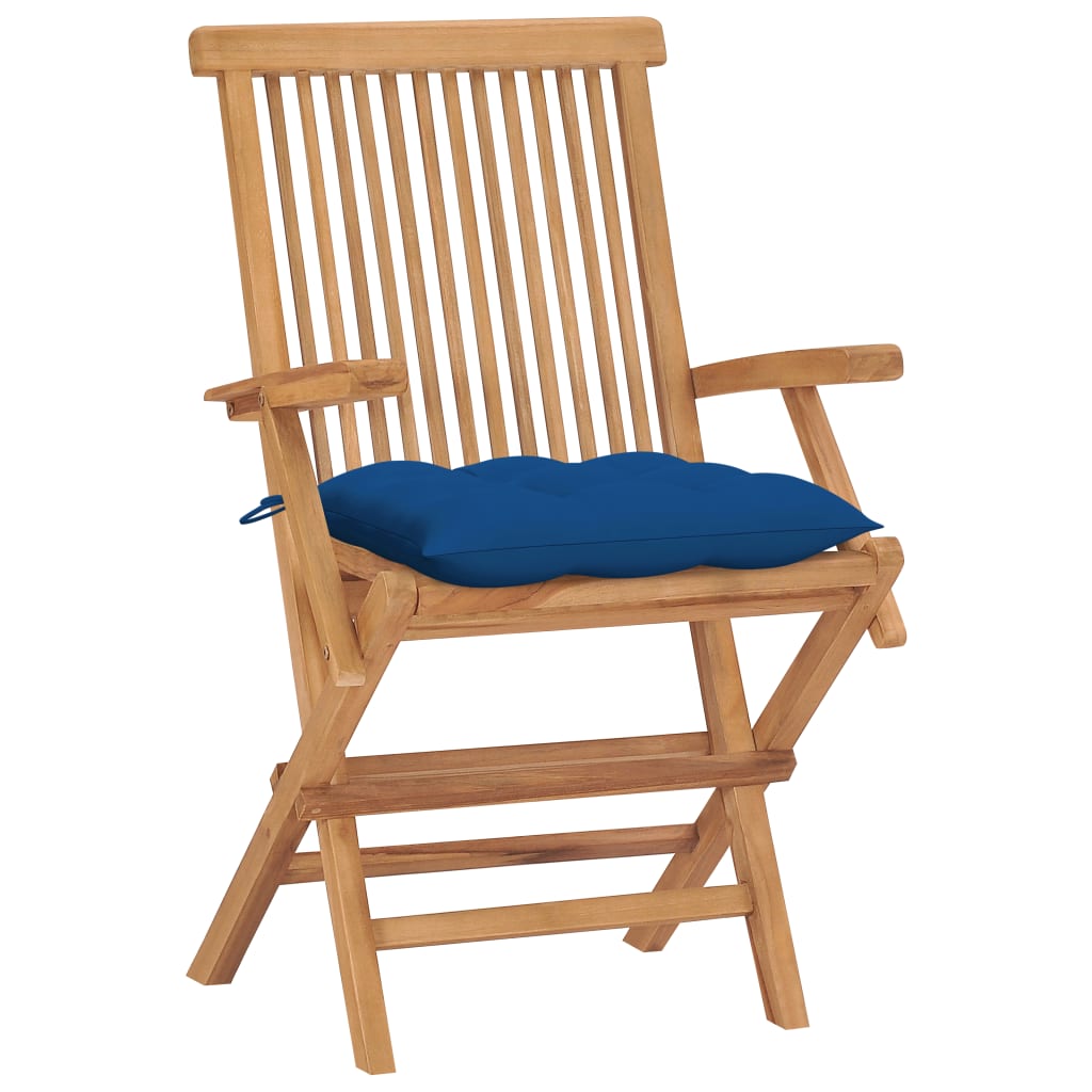 Cadeiras de jardim c/ almofadões azuis 4 pcs teca maciça