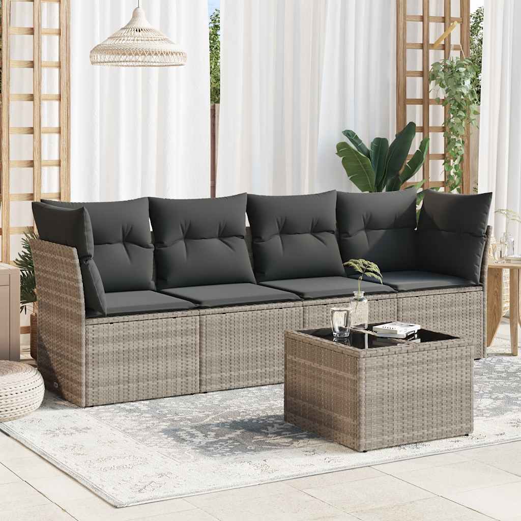 5 Pcs conj. sofás jardim c/ almofadões vime PE cinzento-claro