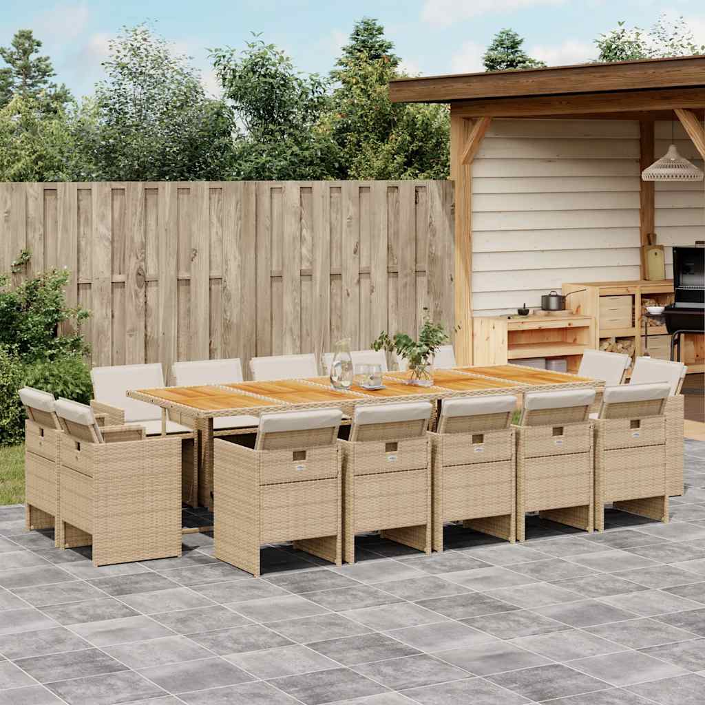 15 Pcs conjunto de jantar p/ jardim com almofadões vime PE bege