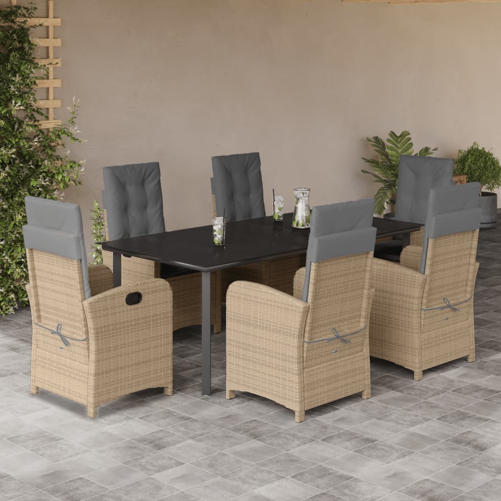 7 Pcs conj. jantar jardim c/ almofadões vime PE bege misturado