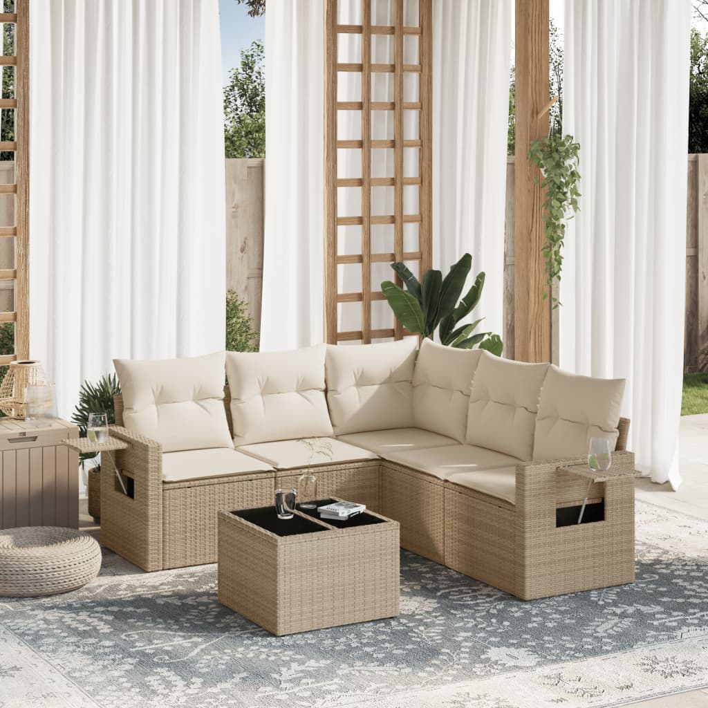 6 Pcs conjunto de sofás p/ jardim com almofadões vime PE bege