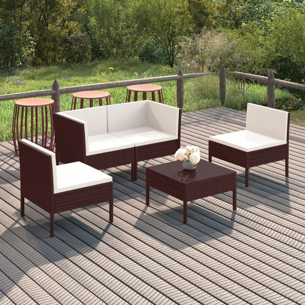 5 Pcs conjunto lounge jardim c/ almofadões vime PE castanho