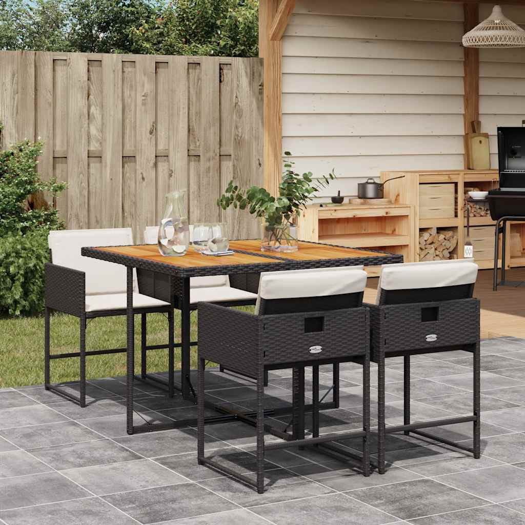 5 Pcs conjunto de jantar p/ jardim c/ almofadões vime PE preto