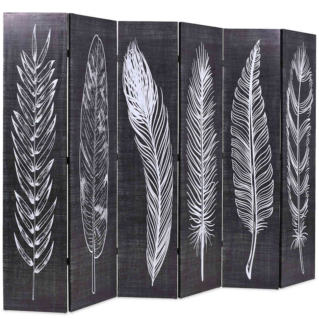 Biombo dobrável com estampa de penas 228x170 cm preto e branco