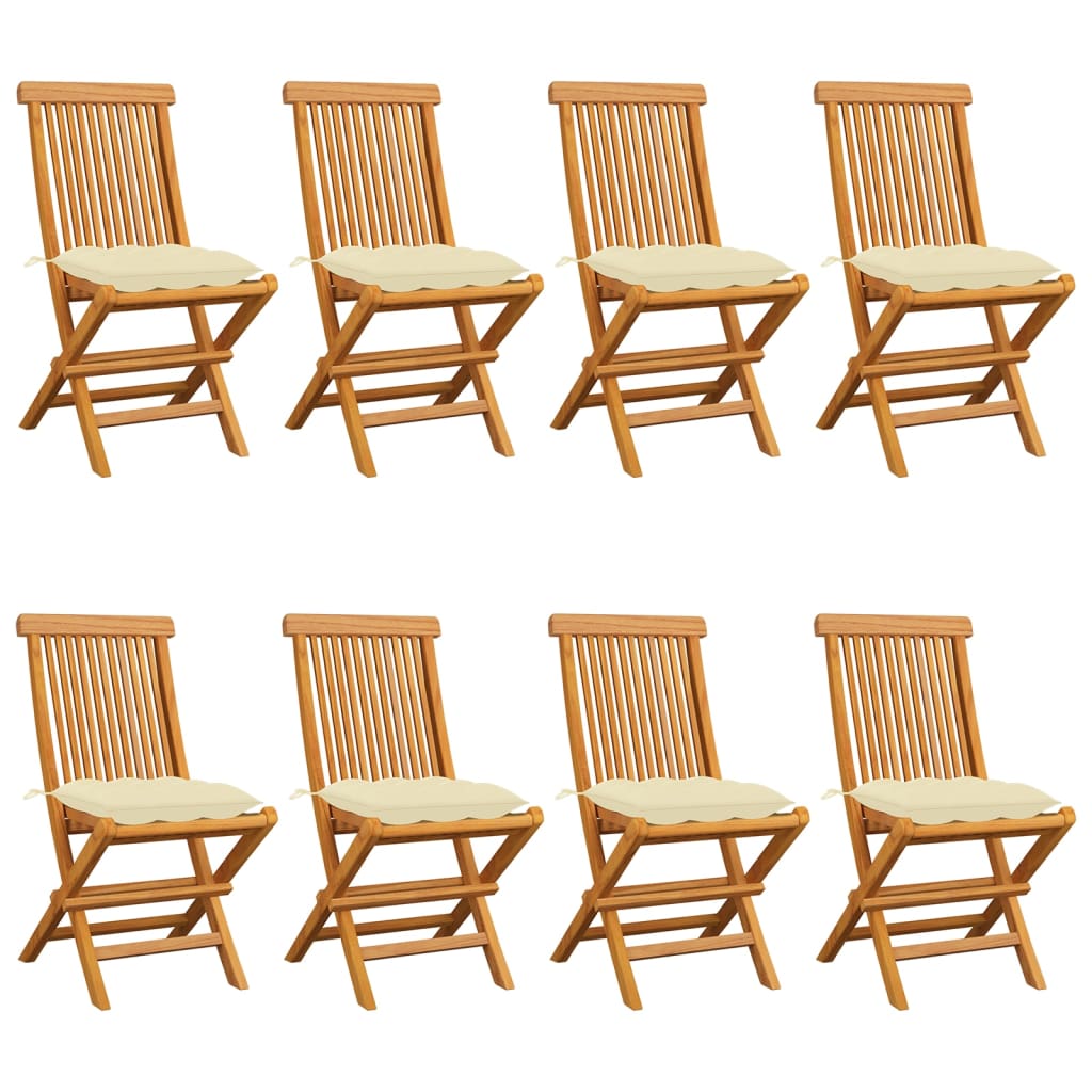 Cadeiras de jardim c/ almofadões branco nata 8 pcs teca maciça