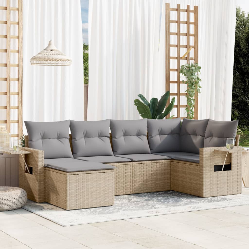 6 Pcs conjunto de sofás p/ jardim com almofadões vime PE bege
