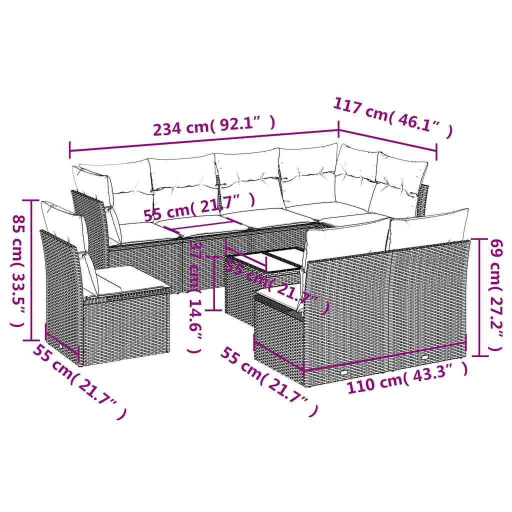 9 Pcs conjunto sofás p/ jardim c/ almofadões vime PE castanho