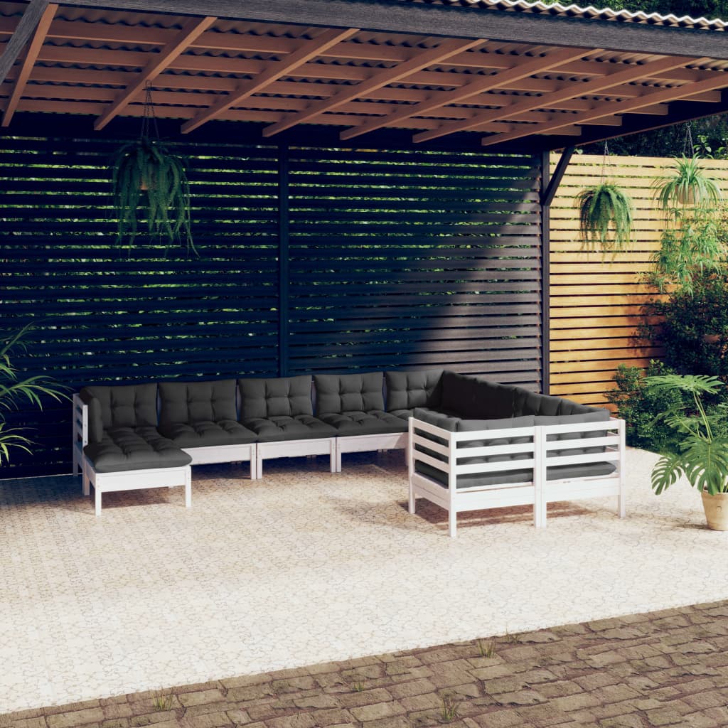 10 Pcs conjunto lounge de jardim c/ almofadões pinho branco