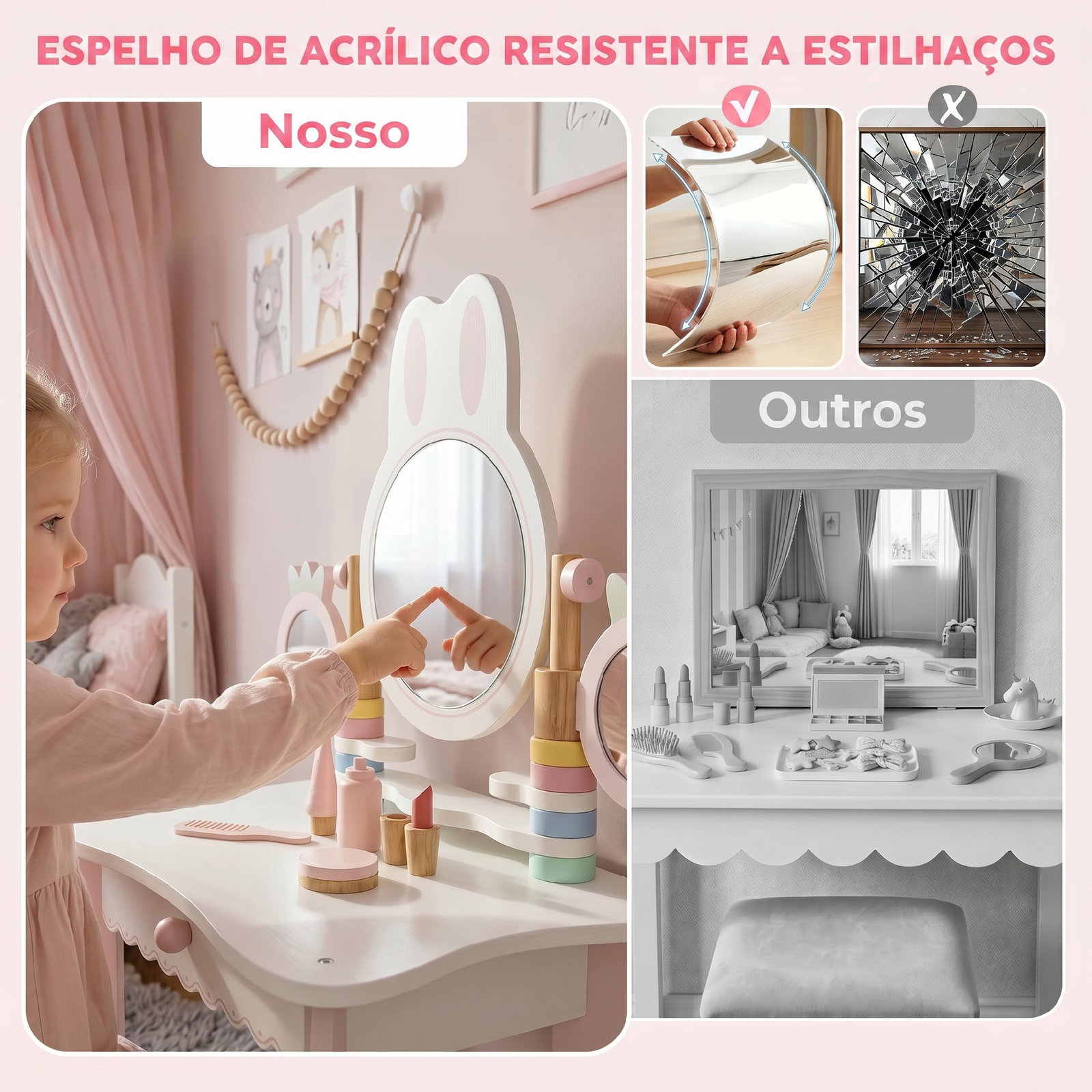 Penteadeira infantil de maquilhagem com banco, espelhos giratórios, gaveta e acessórios e bandejas, rosa, +3 anos