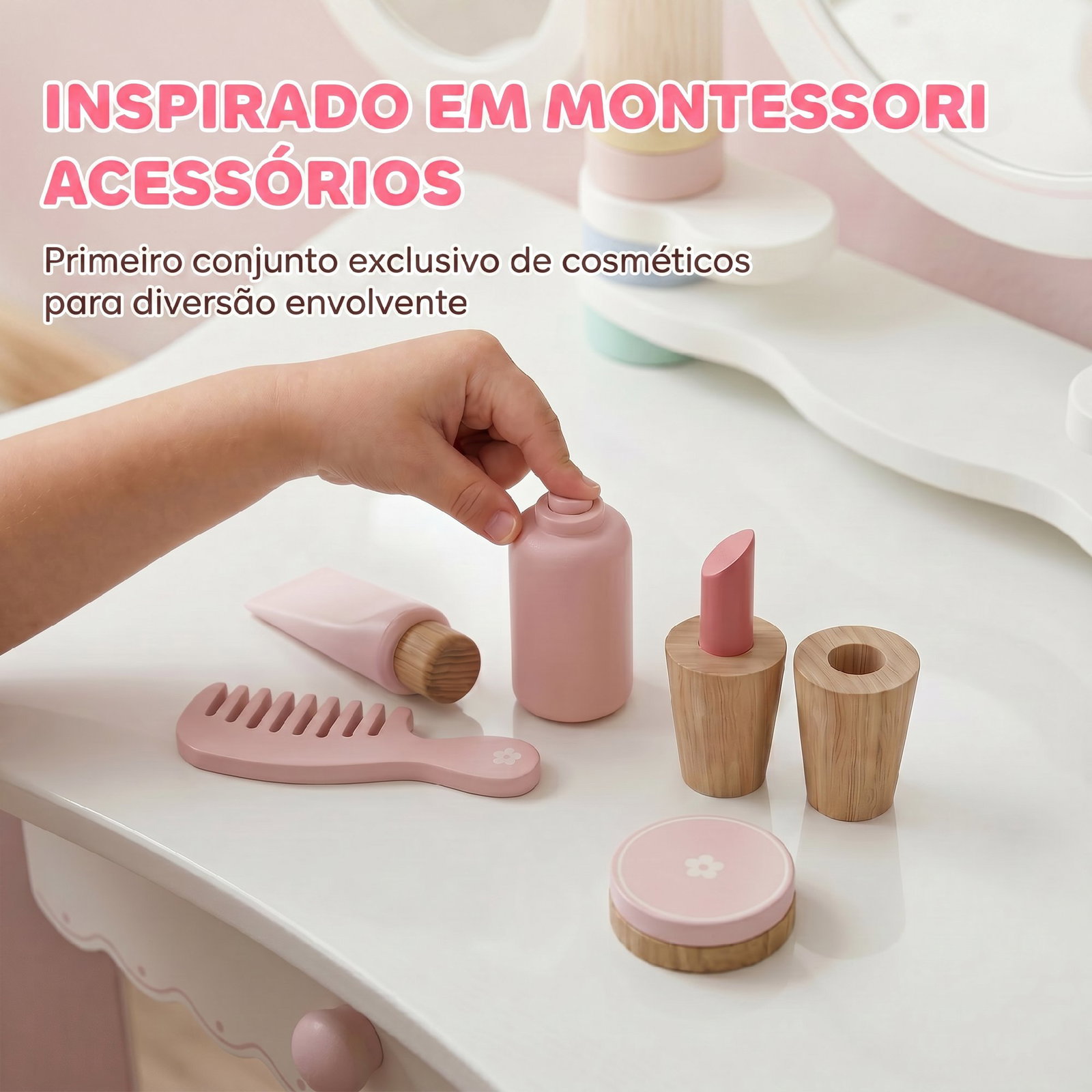 Penteadeira infantil de maquilhagem com banco, espelhos giratórios, gaveta e acessórios e bandejas, rosa, +3 anos