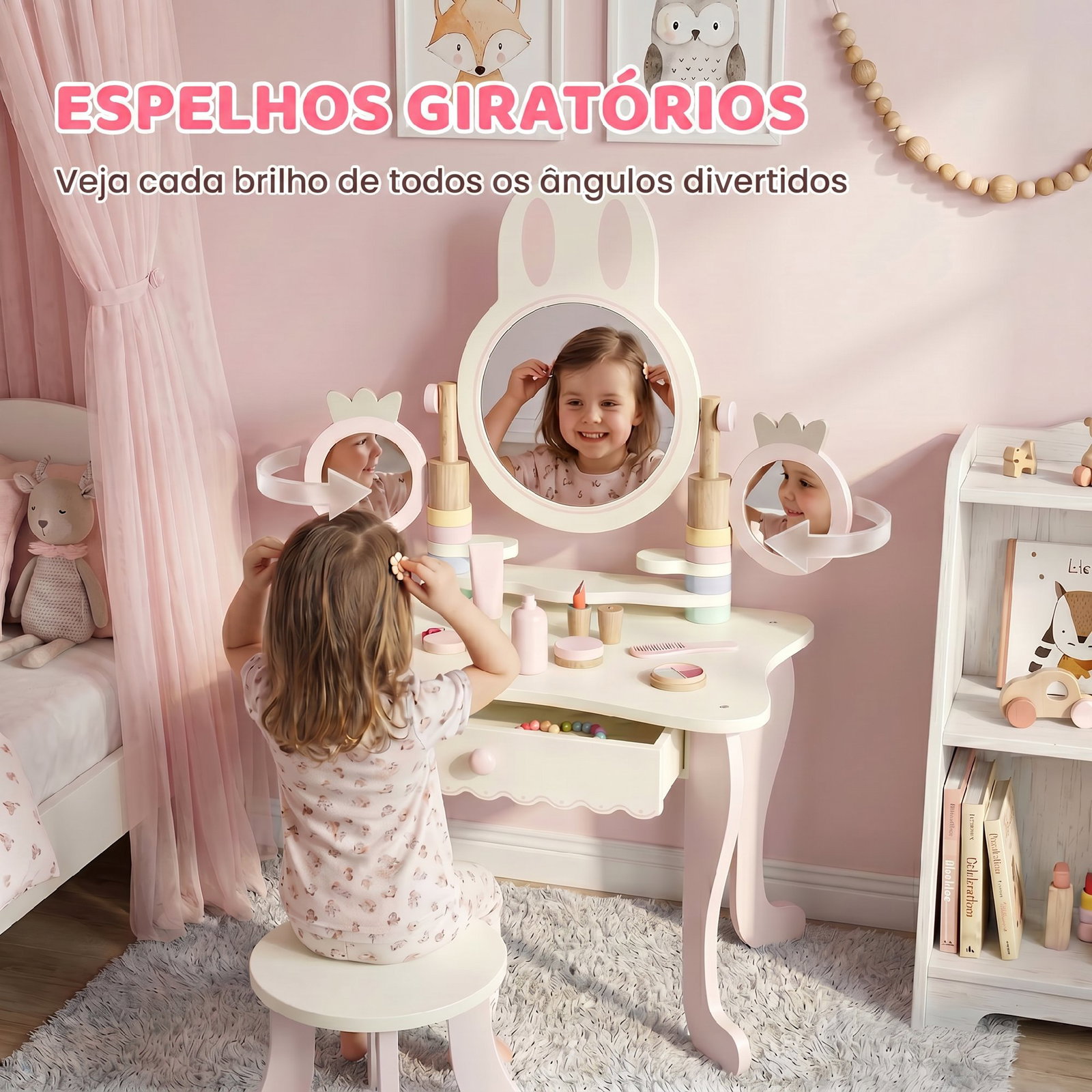 Penteadeira infantil de maquilhagem com banco, espelhos giratórios, gaveta e acessórios e bandejas, rosa, +3 anos