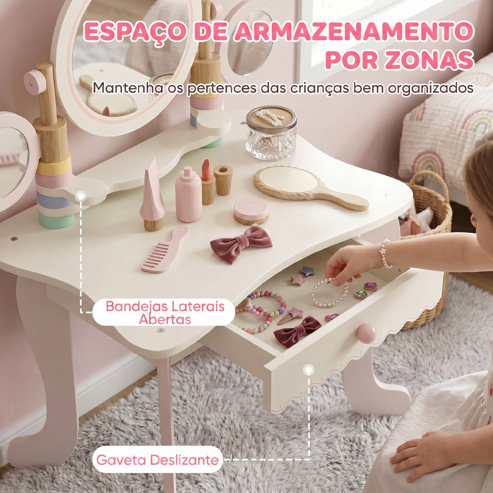 Penteadeira infantil de maquilhagem com banco, espelhos giratórios, gaveta e acessórios e bandejas, rosa, +3 anos