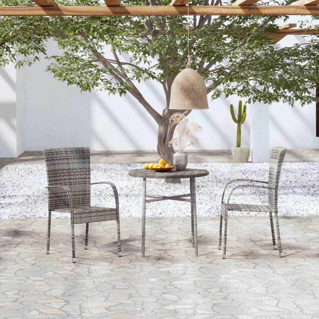 3 Pcs conjunto de jantar para jardim vime PE cinzento